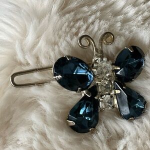 Blue & Clear Rhinestone Butterfly Barrette Silver Toned Metal Hair Clip Vintage